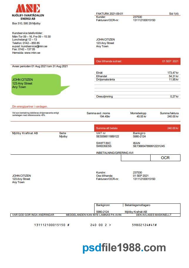 Sweden Mjolby Kraftnat AB Utility Bill